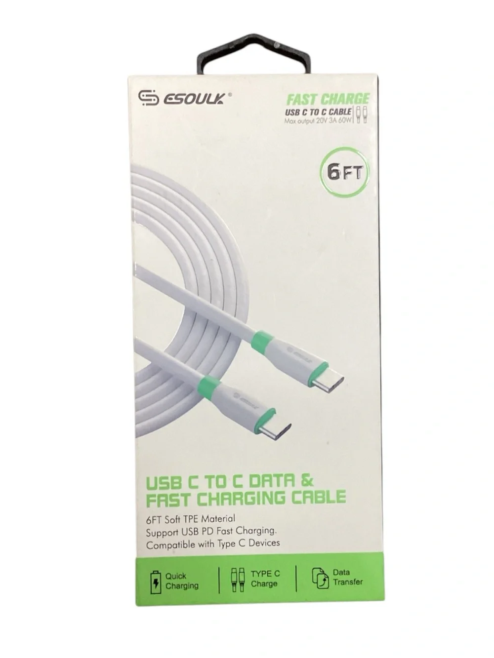 6FT White & Green USB-C to USB-C Fast Charging Cable